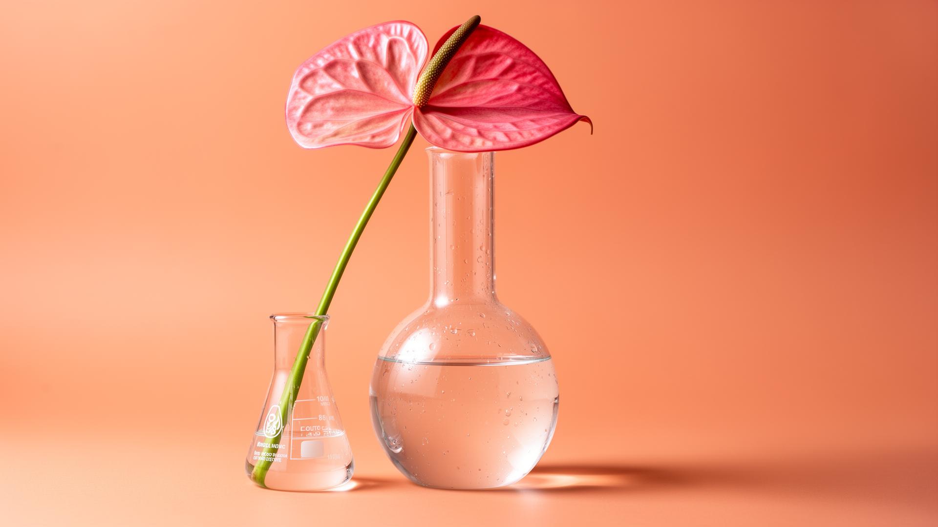 Glass chemistry flasks with a pink anthurium leaf on a warm peach background